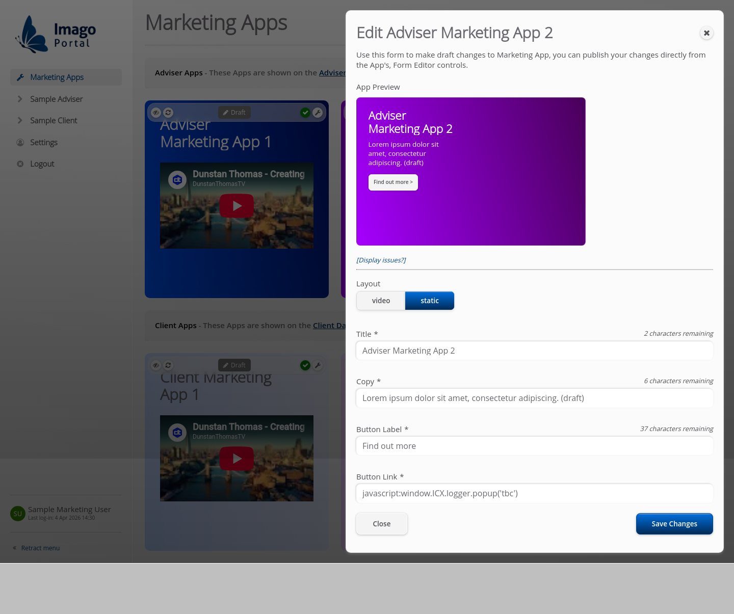 Role-Marketing > 01 Marketing Dashboard > Edit Marketing Apps